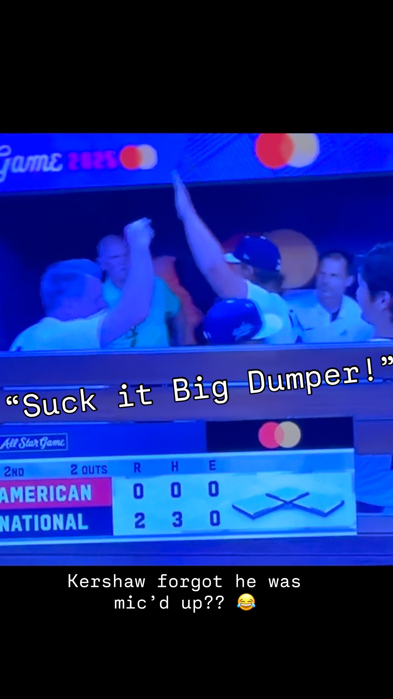 Clayton Kershaw saying “Suck it Big Dumper” forgetting he was still mic’d up! 😂 
•
•
#allstargame #hotmic #mlballstargame #claytonkershaw #bigdumper #mlb #ladodgers #baseball