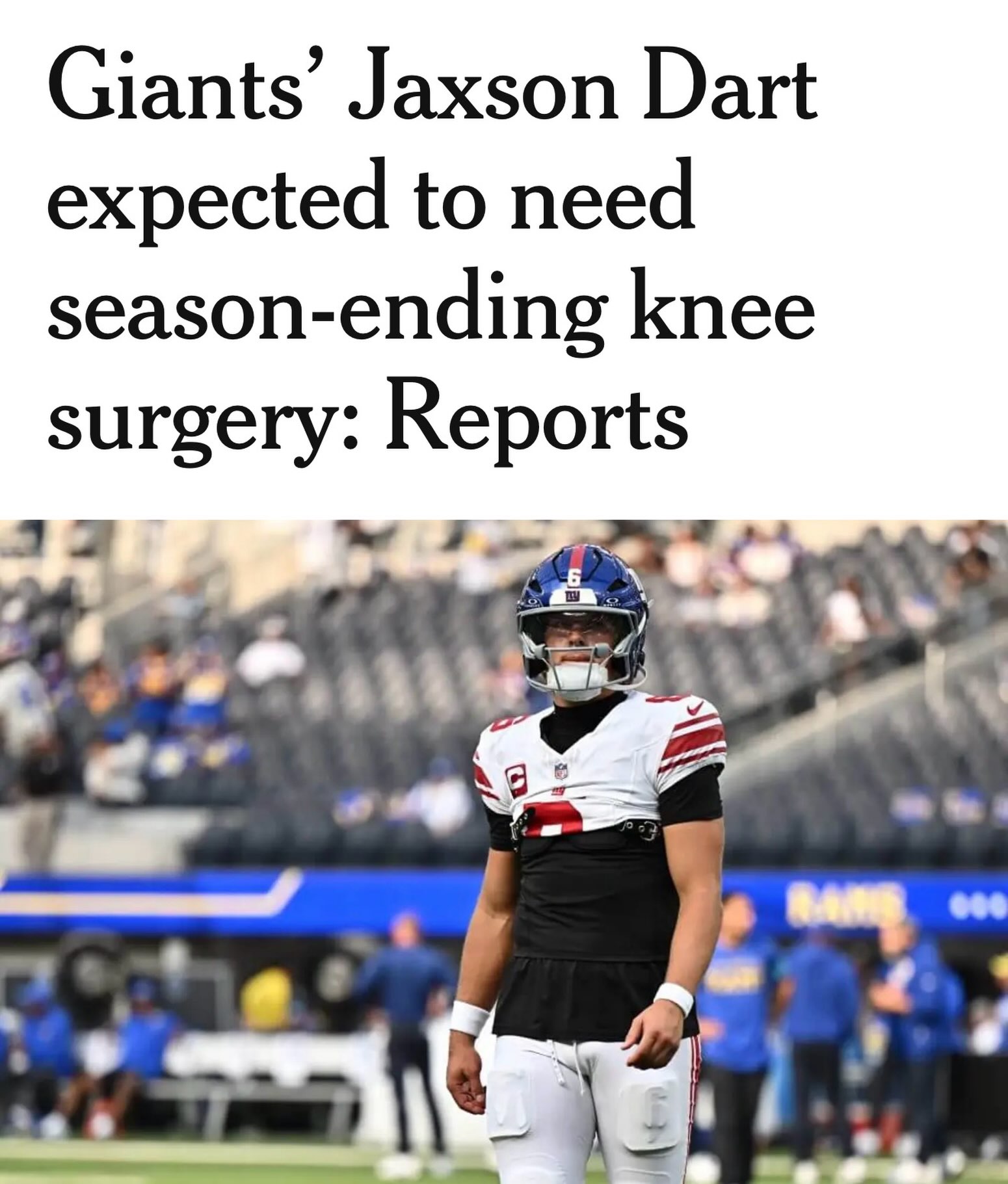 Sad news for Giants fans. Dart to have season-ending surgery on his knee. 
•
•
#jaxsondart #nfl #nflnews #nygiants